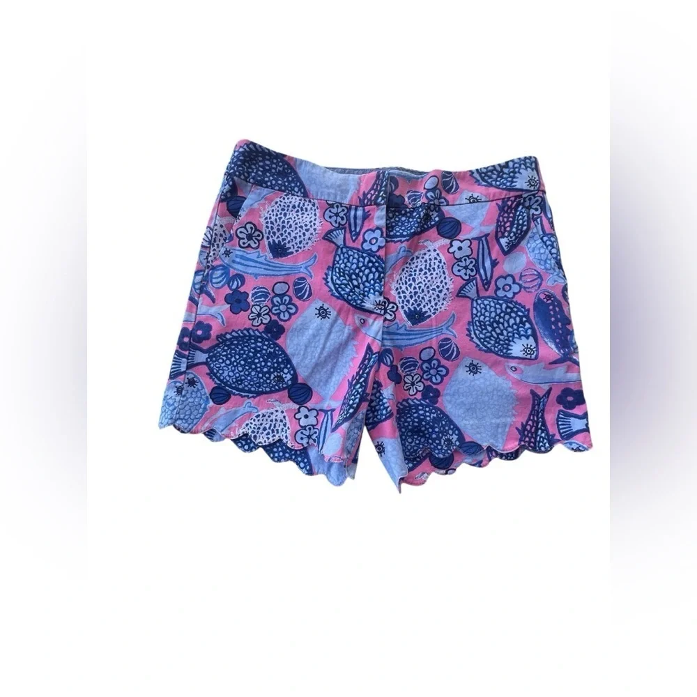 Talbots Shorts Womens Sz 6 Pink Blue Fish Scalloped Hem Cotton Beach Nautical - Picture 2 of 7